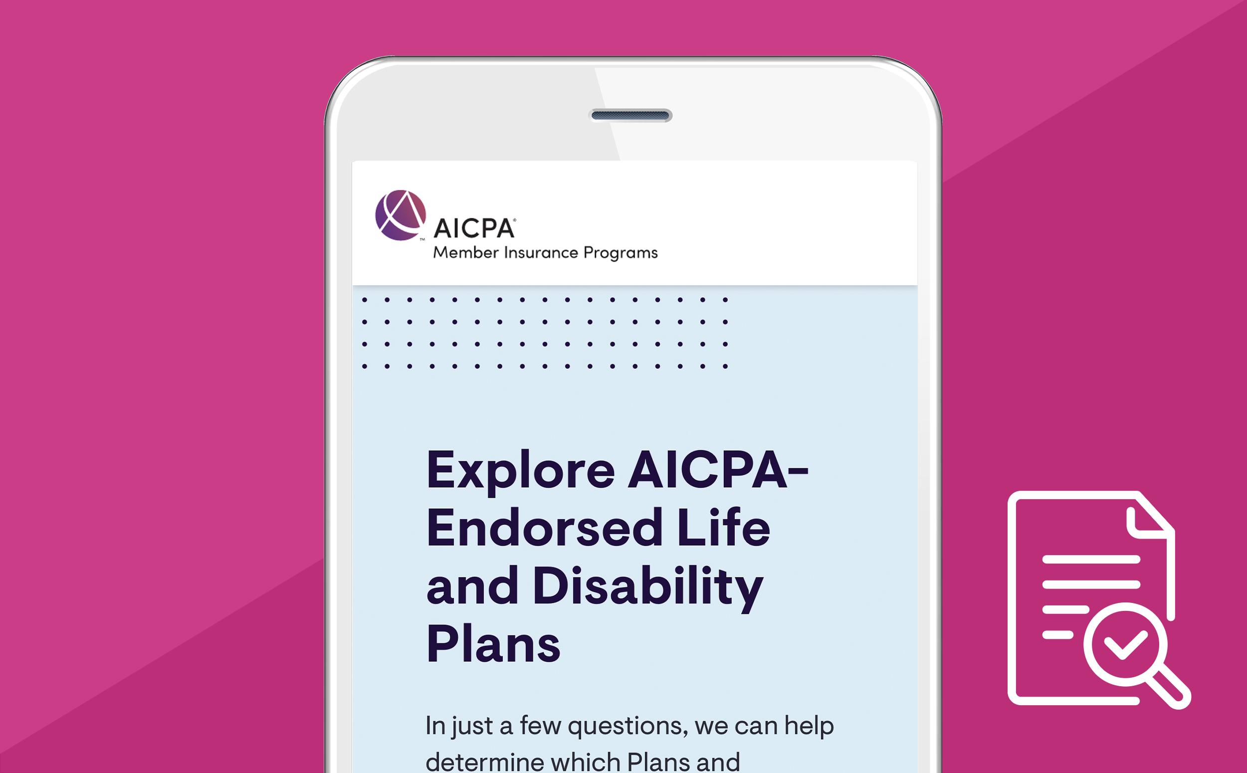 graphic including AICPA Eligibility Tool on smart phone, with icon of document and magnifying glass